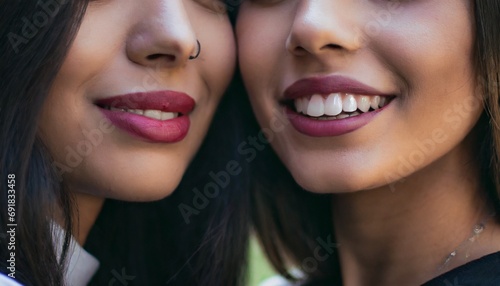 closeup of two young adult women  lips  mouth slightly parted  white teeth  full lips  youthful beauty