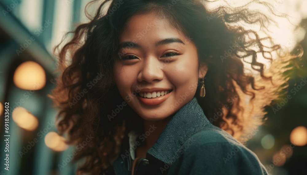 Fototapeta premium Joyful young Asian woman with curly hair