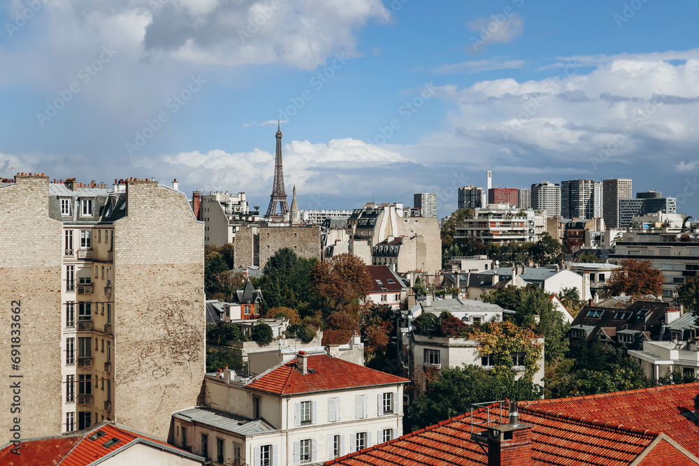View of the Parisian rooftops and the Eiffel Tower from the 16th arrondissement of Paris - obrazy, fototapety, plakaty 