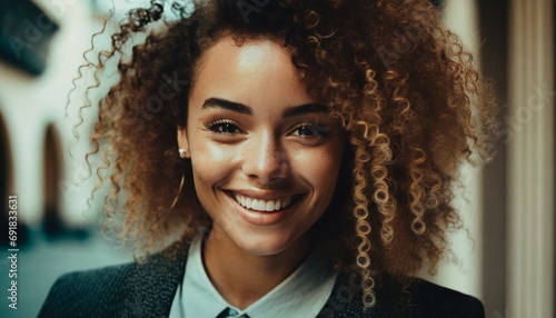 Joyful young Asian woman with curly hair