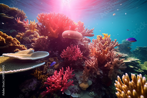 sunlit corals blooming beneath the surface in a colorful underwater landscape