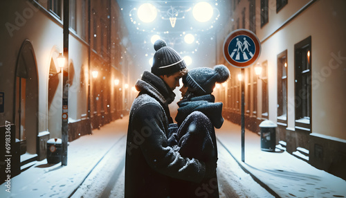 a couple on a snowy street photo