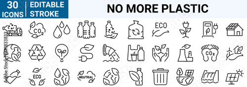 set of 30 line web icons No more plastic. ecology, environment, care of the planet, nature. Editable stroke.