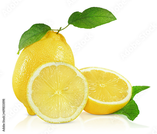 lemon with leaves, half a lemon and a slice of lemon are highlighted on a white background photo