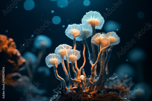 A surreal image that shows coral reefs under moonlight or night lighting
