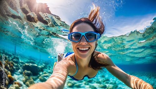 Swim and dive in the sea, take selfie photo, vacation, fun and joy in the clear clean water