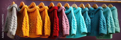 Colorful sweaters hanging on a wall, showcases vibrant sweaters displayed on a wall. Suitable for fashion blogs, winter clothing advertisements, and cozy-themed social media posts. photo