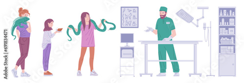 Women owners with snail, guana and snake in the veterinarian clinic, vector exotic pet reptile animal care, prevention
