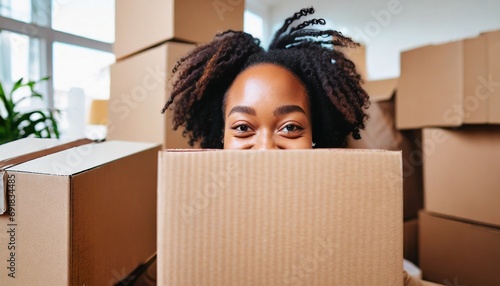  young adult woman moving, making fun and nonsense and hiding in the moving boxes, fun and joy moving to a new apartment, have a great day photo