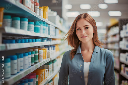  young adult woman in a pharmacy or supermarket with medicines and vials on the product shelf, hygiene items or medical products