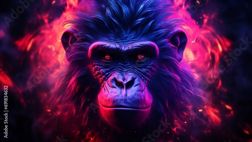 Monkey face Neon light animal pictures Generative artificial intelligence
