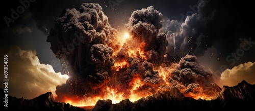 Nocturnal volcanic explosion shoots out pyroclastic material. photo