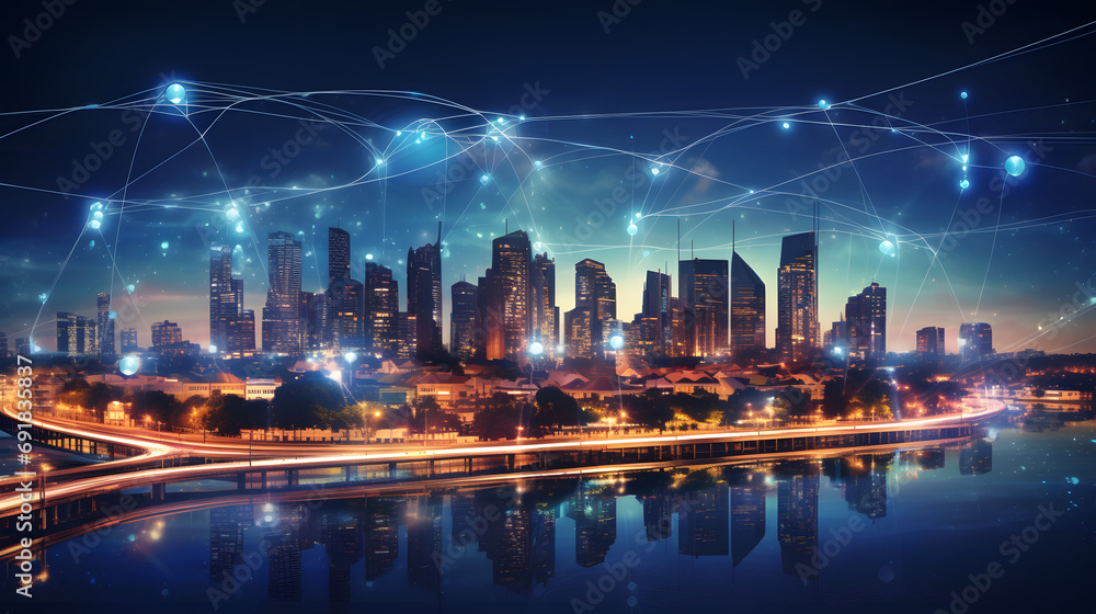  Modern cityscape and communication network concept. Telecommunication. IoT (Internet of Things). ICT (Information communication Technology). 5G. Smart city. Digital transformation. Generative Ai.