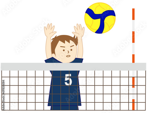 バレーボールの試合で一人でブロックをする男の子
