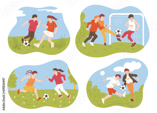 Children soccer club banners with kids playing football, flat vector isolated.