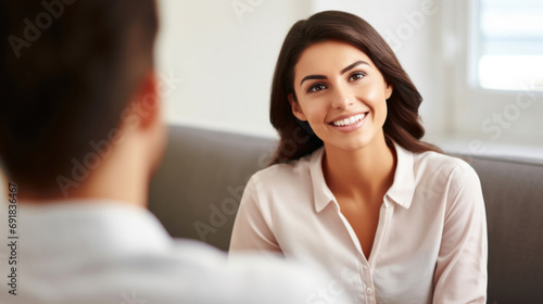 Beautiful young woman talking to her psychotherapist in the office