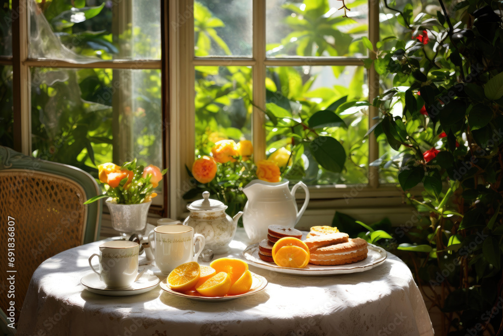 A cozy breakfast spot in the style of Fresh morning breeze