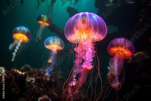 glowing jellyfish that create a dazzling display of light in all the colors of the rainbow © artefacti