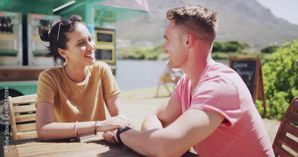 Relax, talking and couple on date by lake for bonding, happy relationship and romance. Dating, nature and man and woman holding hands in conversation on promenade for holiday, weekend and vacation Relax, talking and couple on date by lake for bonding, happy relationship and romance. Dating, nature and man and woman holding hands in conversation on promenade for holiday, weekend and vacation