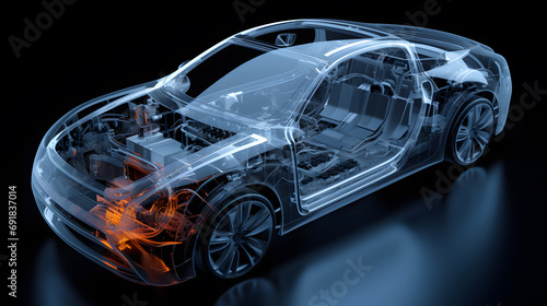 X-ray images of the cars of the future, including electric cars and sedans, showing the interior and parts of the cars.