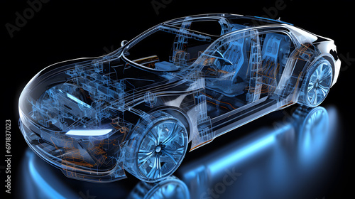 X-ray images of the cars of the future, including electric cars and sedans, showing the interior and parts of the cars. photo