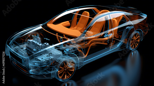 X-ray images of the cars of the future, including electric cars and sedans, showing the interior and parts of the cars.