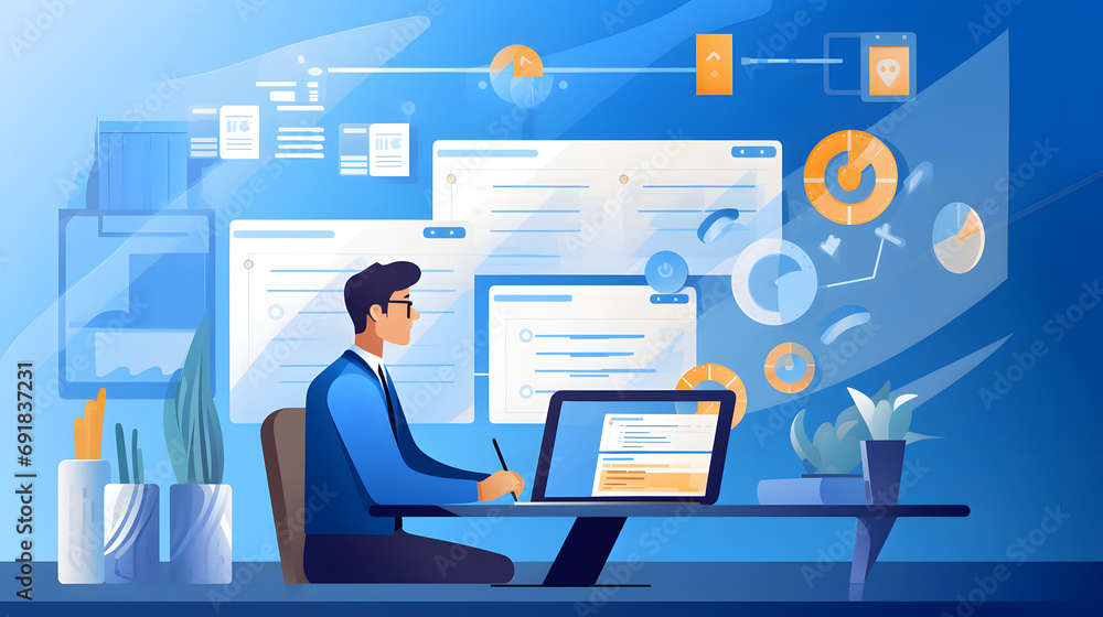 Project manager working and update tasks with milestones progress planning. Businessman using laptop computer and digital tablet with Gantt chart scheduling virtual diagram, project ma. Generative Ai. Project manager working and update tasks with milestones progress planning. Businessman using laptop computer and digital tablet with Gantt chart scheduling virtual diagram, project ma. Generative Ai.