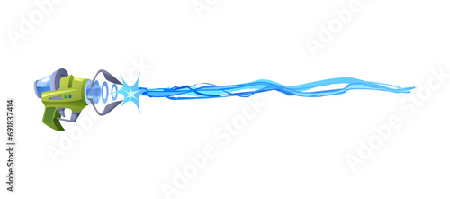 Blaster with glowing shoot plasmic beams and rays, fantasy laser blaster gun, vector game futuristic alien vfx weapon