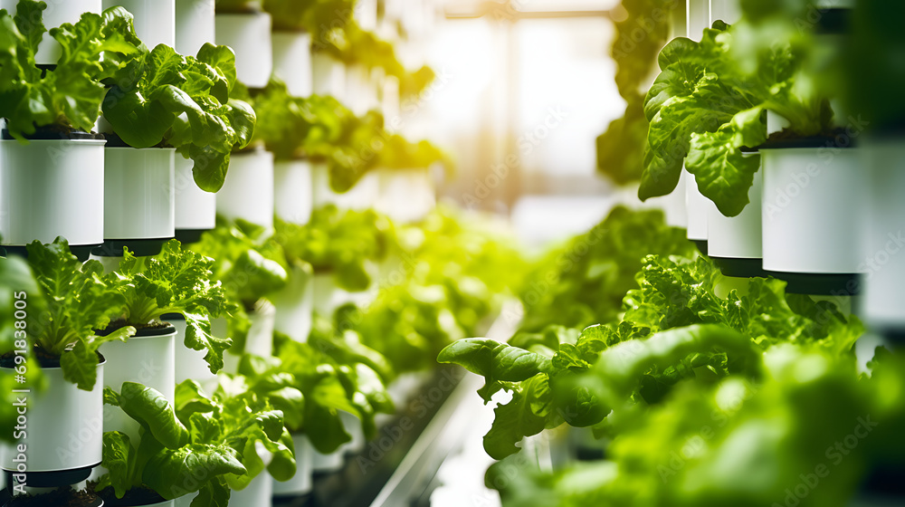An indoor vertical hydroponic farm growing leafy greens and herbs