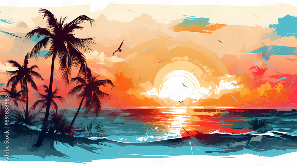 Palm trees and sea, graffiti style image, beautiful colors.