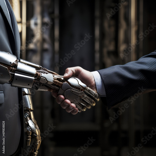 Robot android in a business suit shakes hands with human business man defocused  indoor background. Artificial intelligence futuristic image with technology new hire employment concepts © Mary Salen