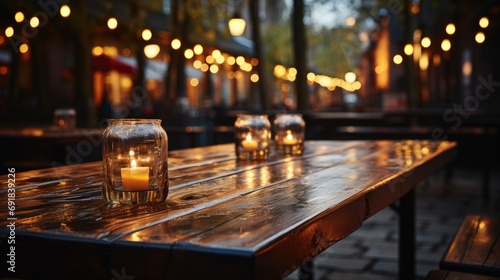 image of wooden table in front of abstract blurred background of restaurant lights, AI generative