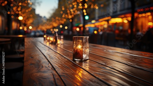 image of wooden table in front of abstract blurred background of restaurant lights, AI generative
