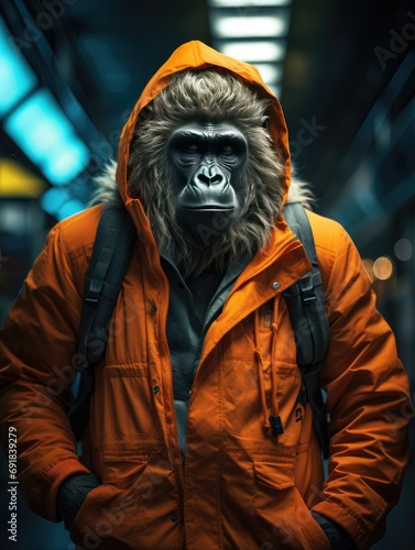 Gorilla gue in an orange zoo suit walk at night in city