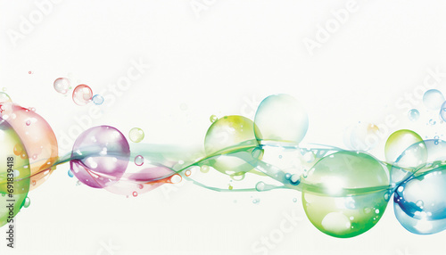 Transparent watercolor bubbles floating on a fluid pastel wave.