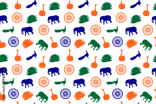 Fototapeta Naklejka Na Ścianę i Meble -  India symbols pattern in flag colors (saffron, white, green, navy blue). Elephant, snake, peacock, lotus. For national holidays and events.