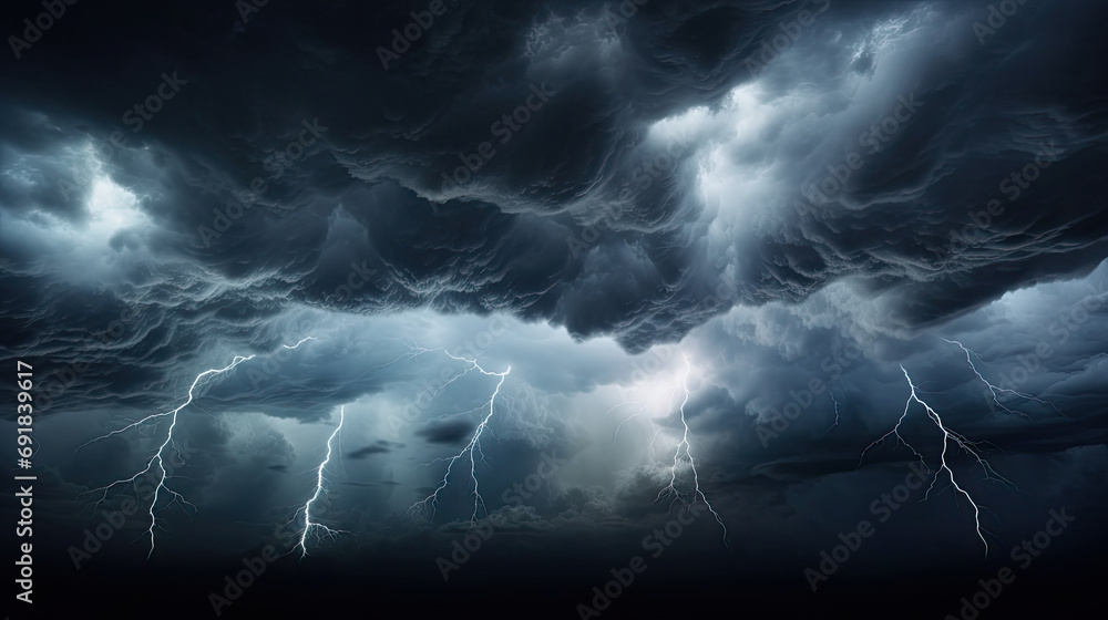 lightning in the night sky, Thunderous dark sky with black clouds and ...