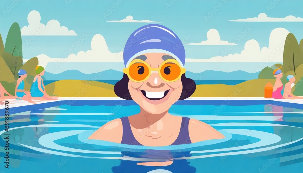 Smiling senior American woman in swim cap enjoys group swimming in sunny outdoor pool Smiling senior American woman in swim cap enjoys group swimming in sunny outdoor pool