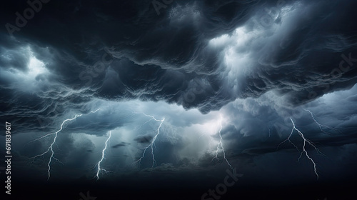 lightning in the night sky, Thunderous dark sky with black clouds and flashing lightning. Panoramic view. Concept on the theme of weather, natural disasters, storms, typhoons, tornadoes, thunderstorms