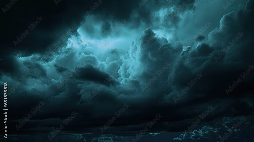 dark blue sky with clouds.  Black dark greenish blue  night sky. Gloomy ominous storm rain clouds background.