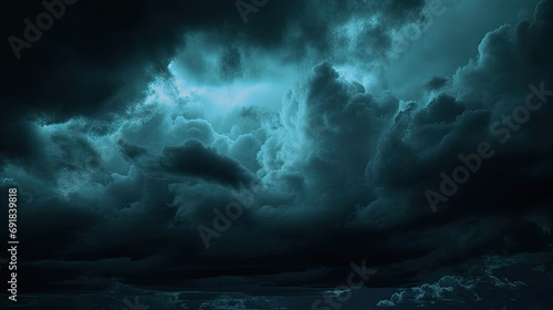 dark blue sky with clouds.  Black dark greenish blue  night sky. Gloomy ominous storm rain clouds background. © Planetz