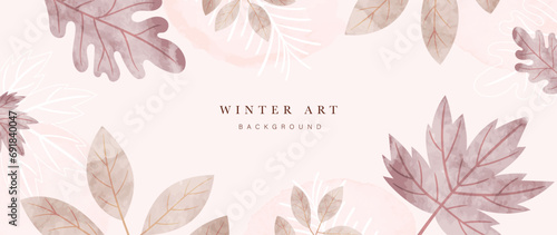 Winter background vector. Hand painted watercolor flower, botanical leaves, maple, oak leaf hand drawing. Abstract art design for wallpaper, wall arts, cover, wedding and invite card.