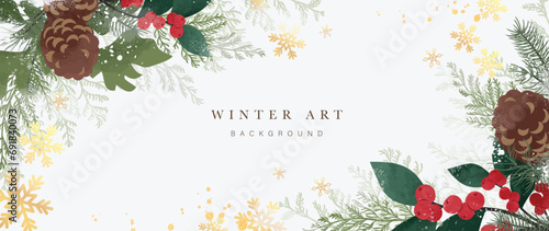 Winter background vector. Hand painted watercolor and gold brush texture, pine cone, botanical leaves, snowflake hand drawing. Abstract art design for wallpaper, wall art, cover, wedding. invite card.