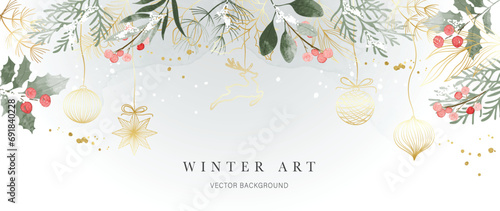 Winter background vector. Hand painted watercolor and gold brush texture, holly berry, bauble ball, reindeer hand drawing. Abstract art design for wallpaper, wall art, cover, wedding. invite card.