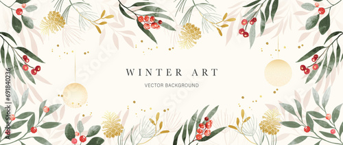 Winter background vector. Hand painted watercolor and gold brush texture, holly berry, bauble ball, pine cone hand drawing. Abstract art design for wallpaper, wall art, cover, wedding. invite card.