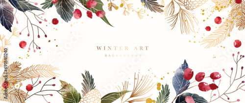 Winter background vector. Hand painted watercolor and gold brush texture, pine leaves, berry, botanical leaves hand drawing. Abstract art design for wallpaper, wall art, cover, wedding. invite card.