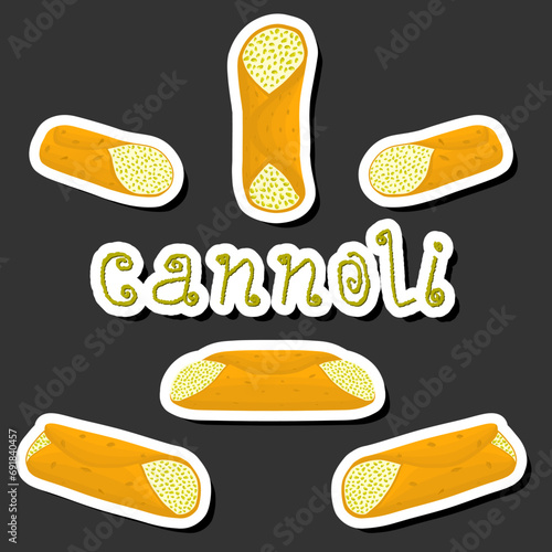Illustration on theme big set different types sweet waffles Sicilian dessert cannoli