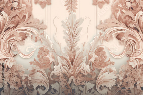 Graphic resources. Abstract rococo style texture background with copy space. Luxury ornate background colored in pastel colors. Blank retro vintage background