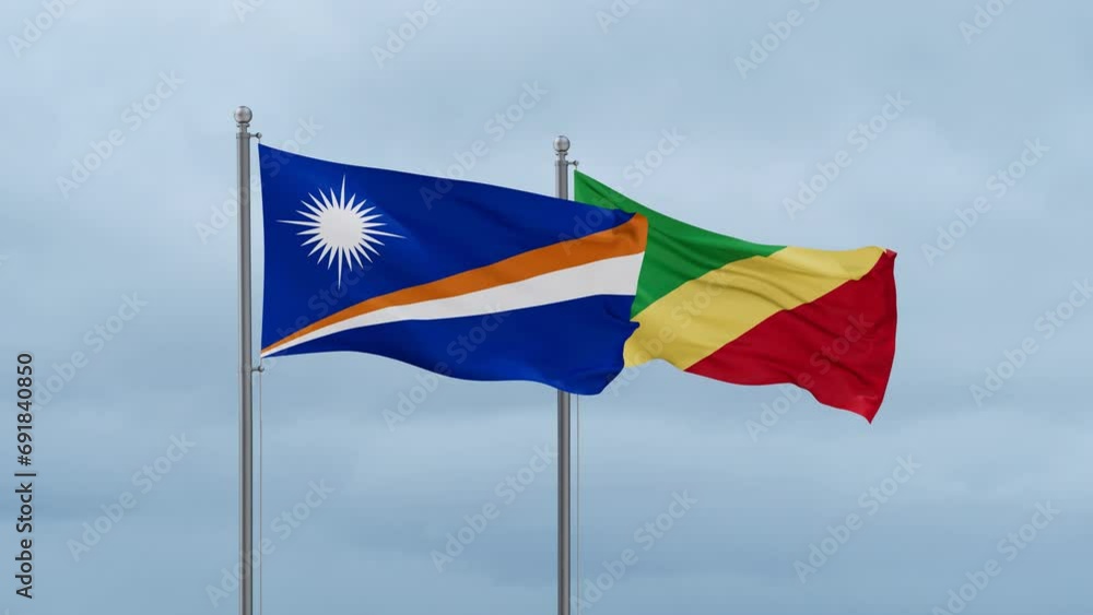 Republic of the Congo flag and Marshall Islands flag waving together on cloudy sky, endless seamless loop, two country relations concept Republic of the Congo flag and Marshall Islands flag waving together on cloudy sky, endless seamless loop, two country relations concept