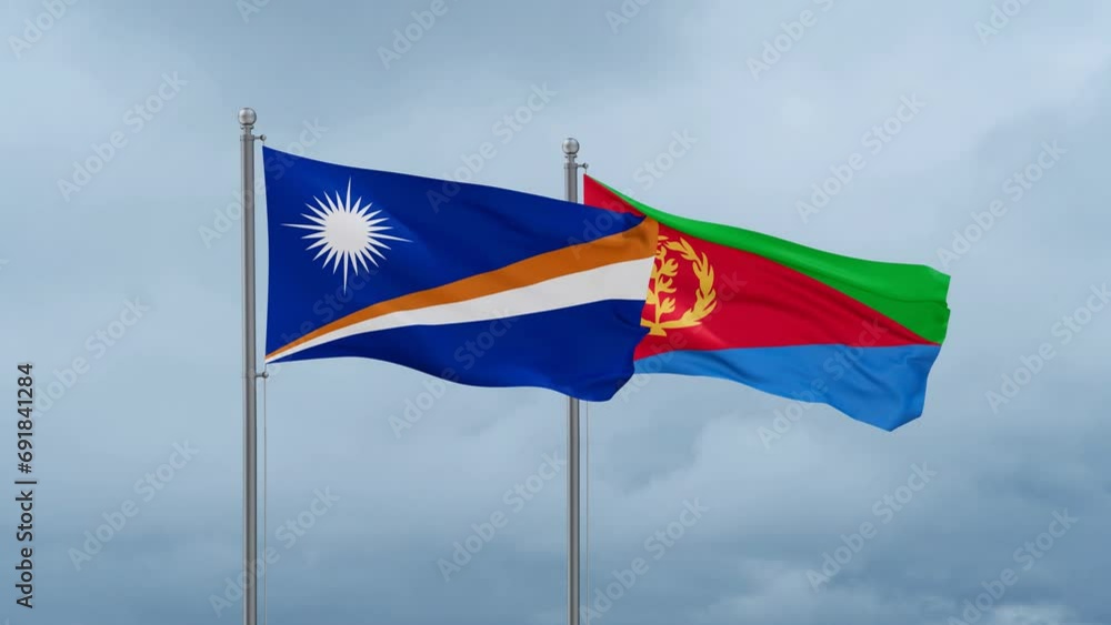 Eritrea and Marshall Islands flag waving together on cloudy sky, endless seamless loop, two country cooperation concept Eritrea and Marshall Islands flag waving together on cloudy sky, endless seamless loop, two country cooperation concept